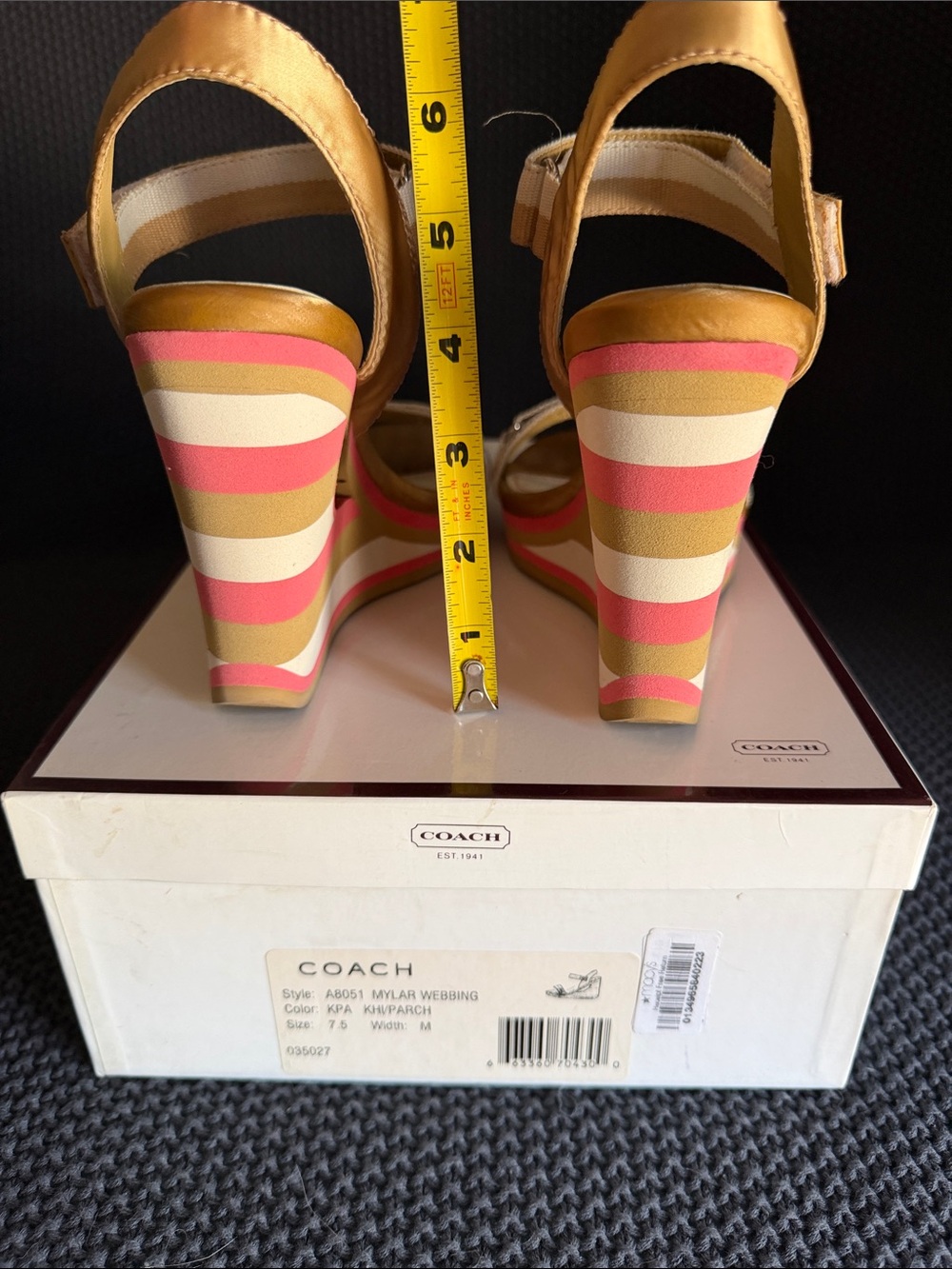 COACH Striped Wedge Sandal in Tan & Pink 7.5 (50) - Picture 2 of 8